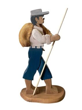 Hand Carved Hiker Fisherman Wood Figure Folk Art Decor Shelf Sitter Vintage 1985